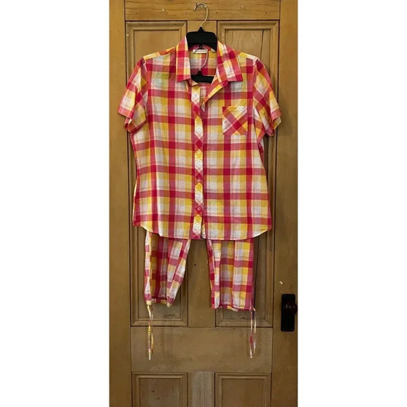 Nordstrom Womens Plaid Tie Capri 100% Cotton Pajama Set Size Large Pink SP EXC - Picture 1 of 12